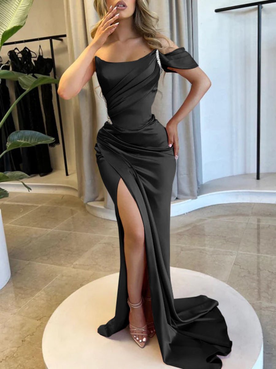 Sheath/Column Sweep Train Sleeveless Satin Mother Of The Bride Dresses Prom Dress With Split Side/Pleated/Beads BabaMila