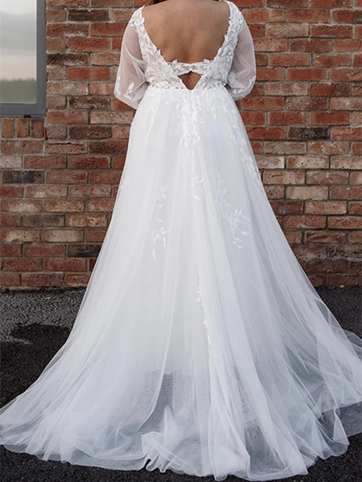 A-Line/Princess Applique Tulle V-Neck Floor-length Wedding Dress BabaMila
