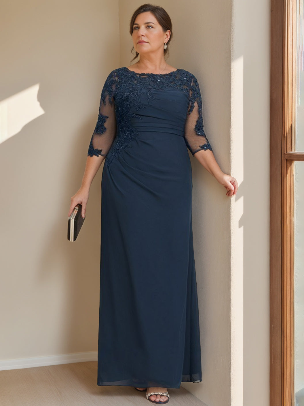 Sheath/Column Scoop Neck Half Sleeves Floor-Length Plus Size Mother Of The Bride Dresses With Ruffles BabaMila