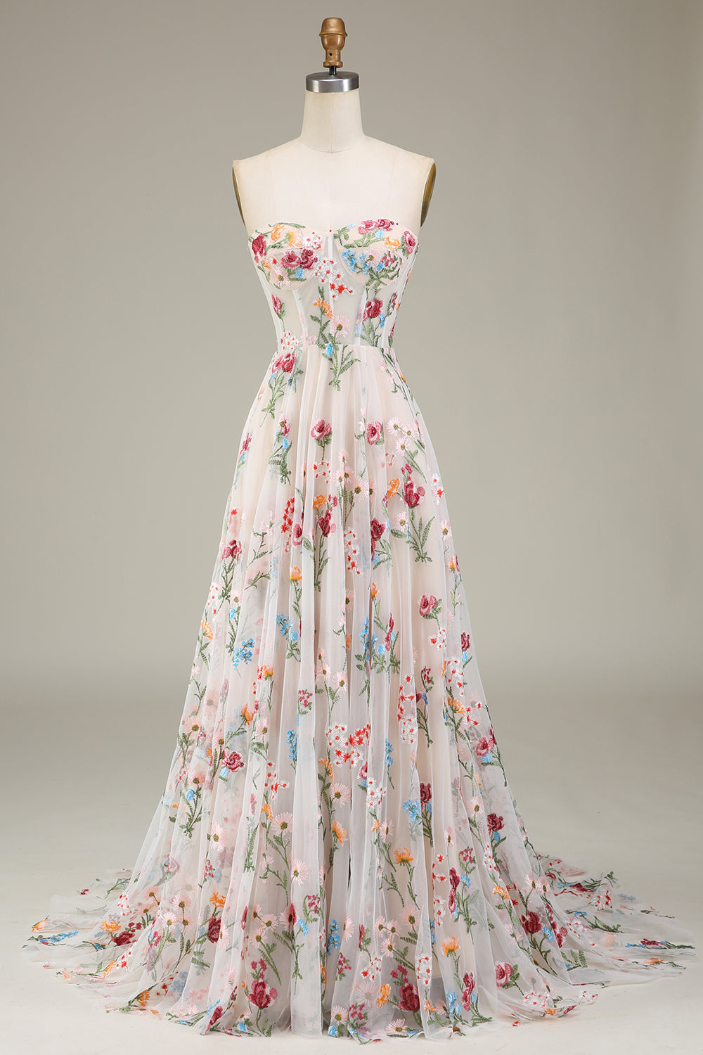 A-Line/Princess Sweetheart Strapless Court Train floral Evening Dress with Embroidery BabaMila