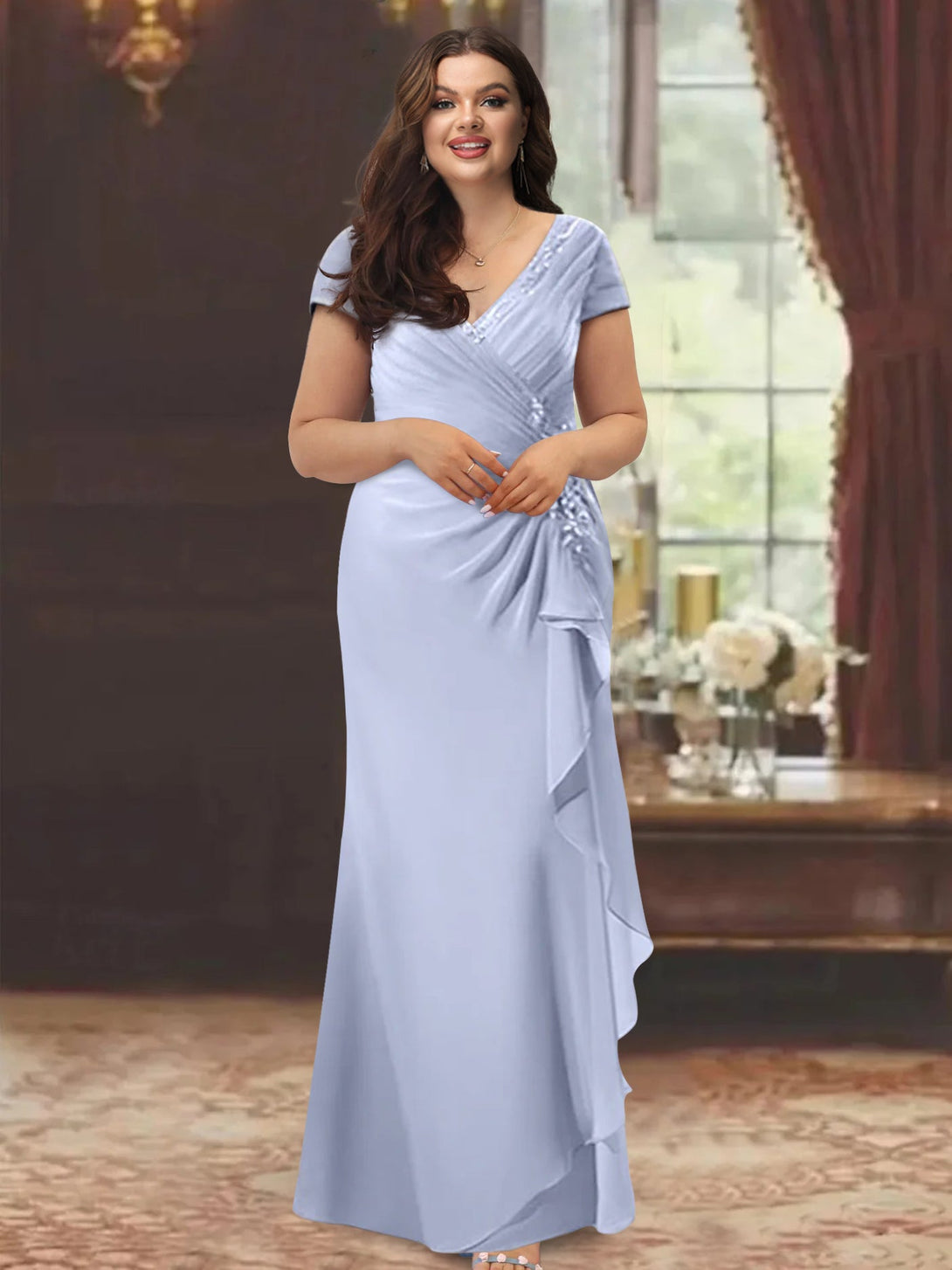 Sheath/Column V-Neck Short Sleeves Floor-Length Plus Size Mother Of The Bride Dresses With Ruffles & Appliques BabaMila
