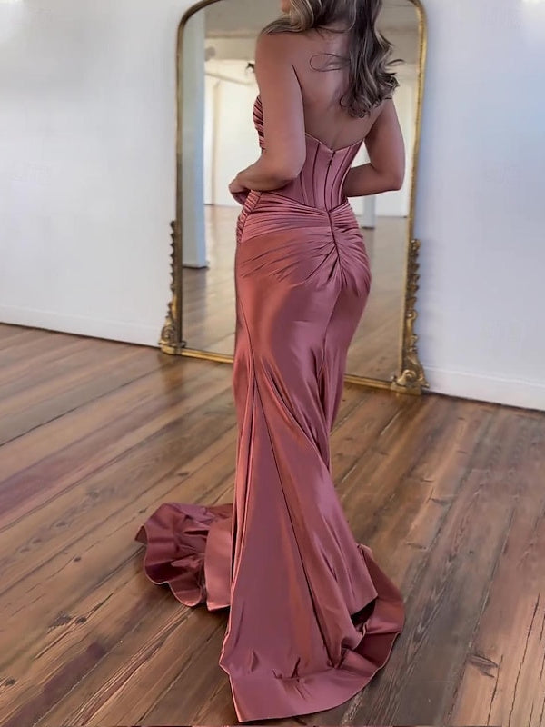 Sheath/Column Strapless Sleeveless Floor-Length Slit Ruched Evening Dresses With Pleated BabaMila