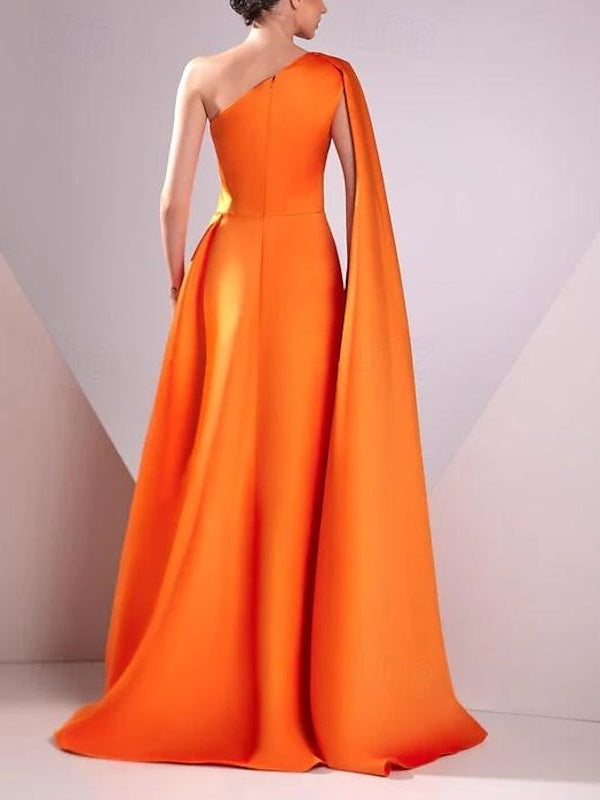 A-Line/Princess Satin One Shoulder Sleeveless Floor-Length Ruched Evening Dresses BabaMila