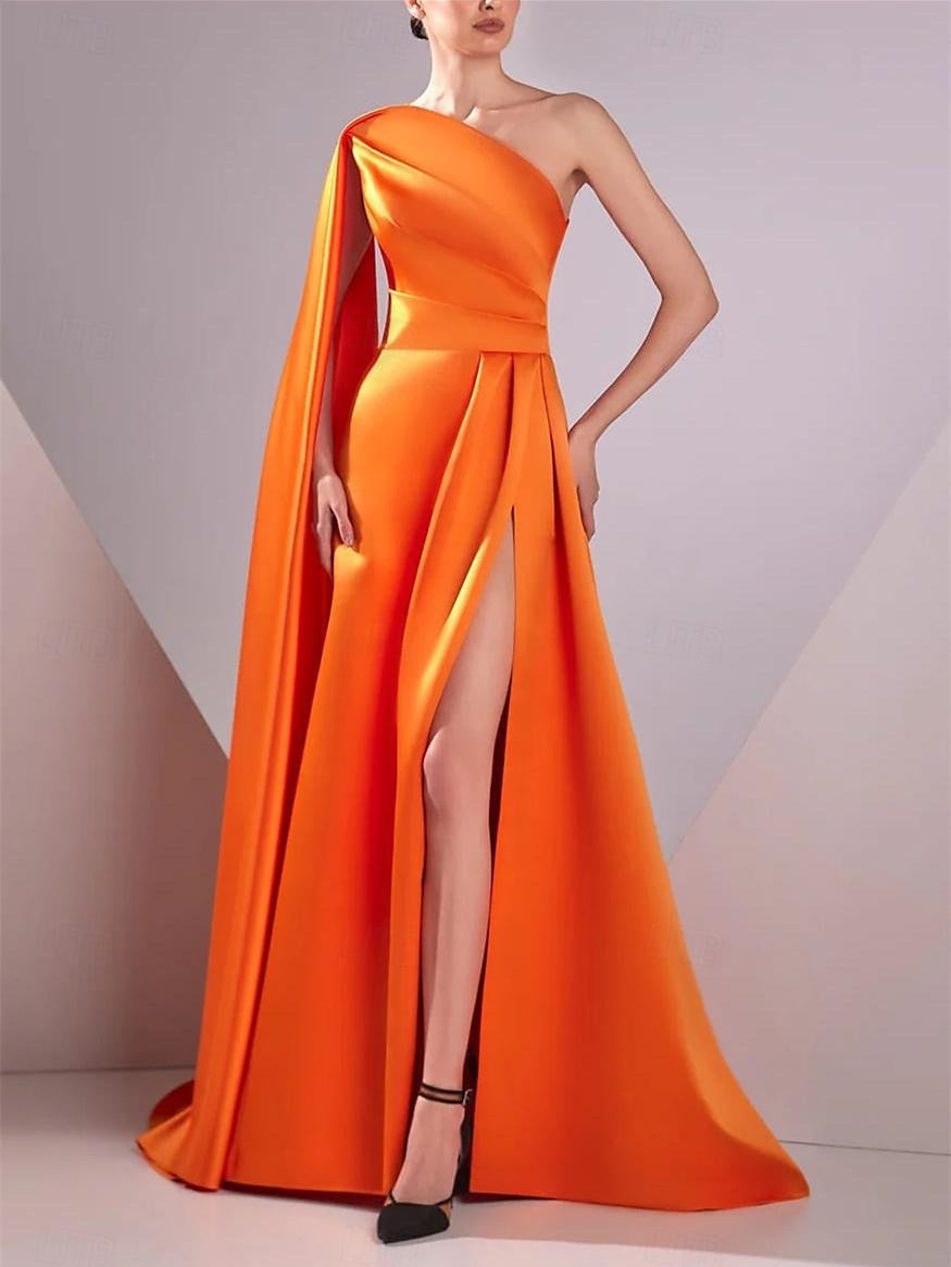 A-Line/Princess Satin One Shoulder Sleeveless Floor-Length Ruched Evening Dresses BabaMila