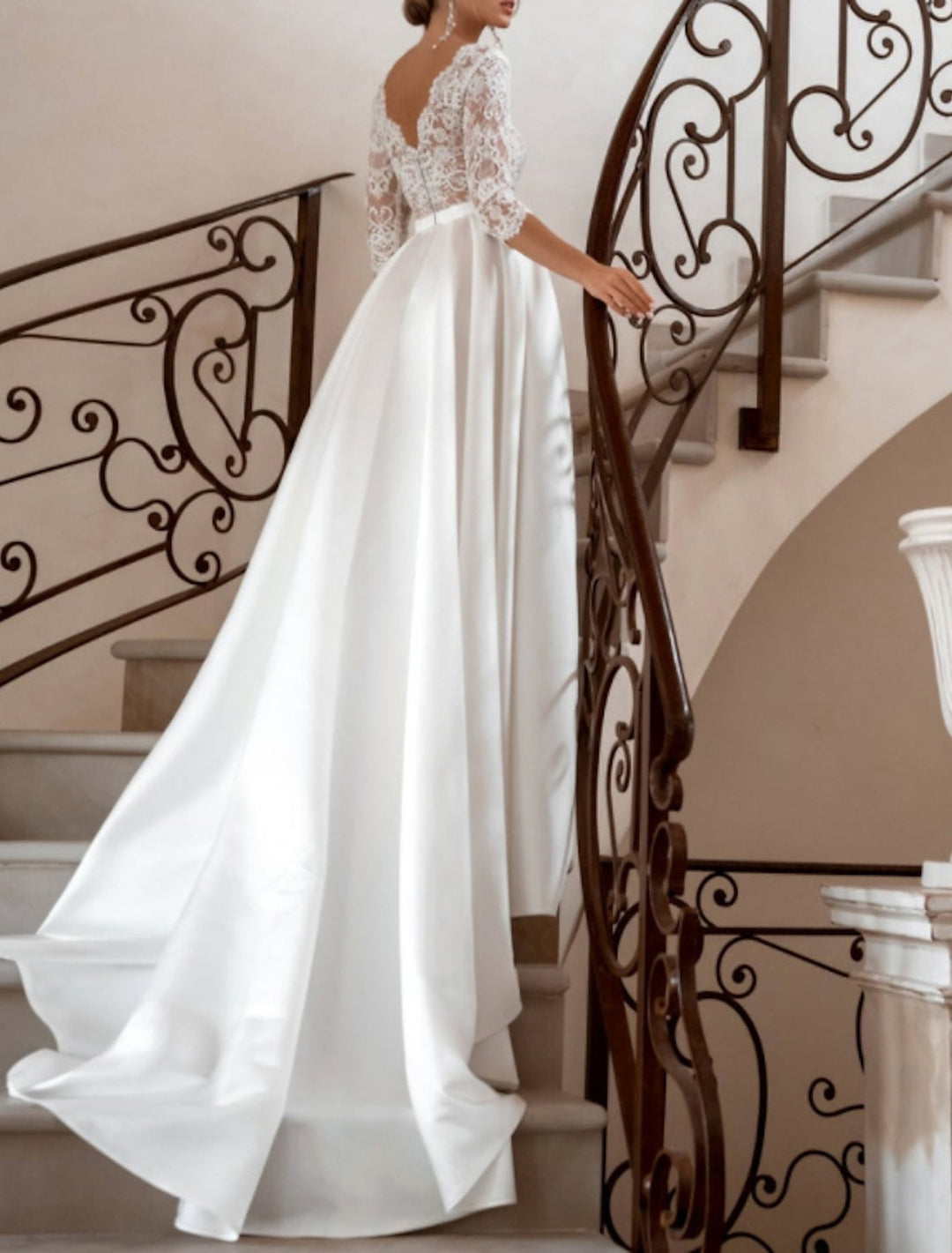 A-Line/Princess Elegant V-Neck Half Sleeves Floor-length Lace Wedding Dress BabaMila
