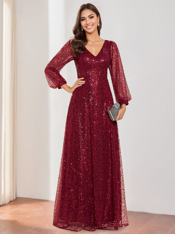 A-Line/Princess V-Neck Long Lantern Sleeves Floor Length Sequined Mother Of The Bride Dresses BabaMila