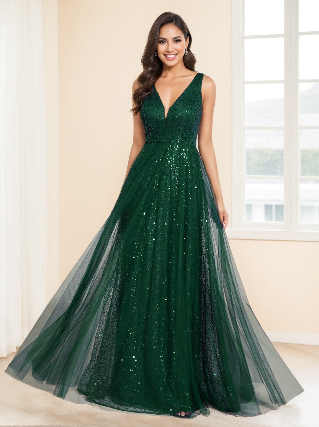 A-Line/Princess V-Neck Sleeveless High Waist Floor-length Evening Dresses With Sequins BabaMila