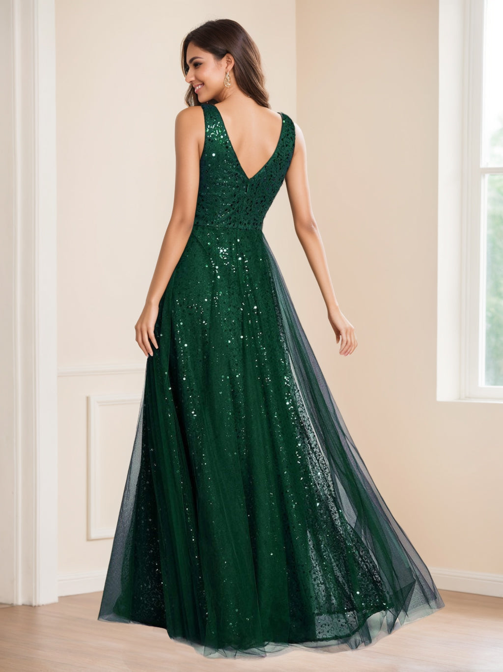 A-Line/Princess V-Neck Sleeveless High Waist Floor-length Evening Dresses With Sequins BabaMila