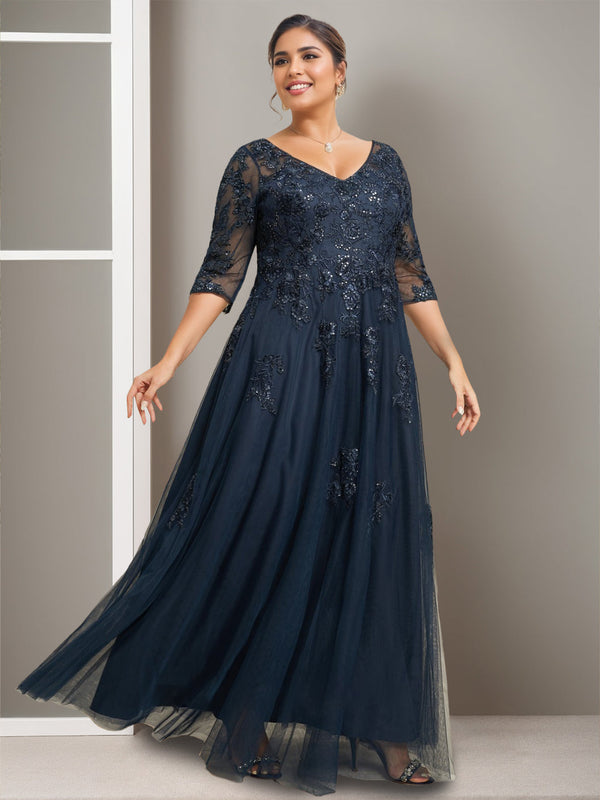 A-Line/Princess V-Neck Half Sleeves Floor-Length Plus Size Mother Of The Bride Dresses With Sequins BabaMila