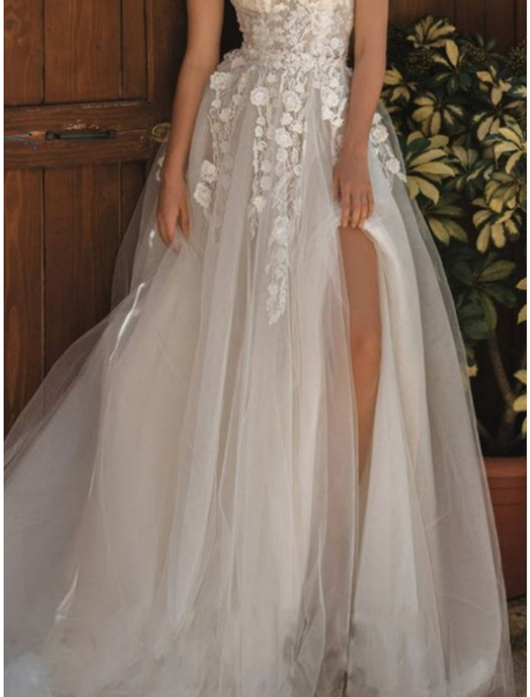 A-Line/Princess V-Neck Off-the-Shoulder Floor-length Lace Wedding Dress BabaMila