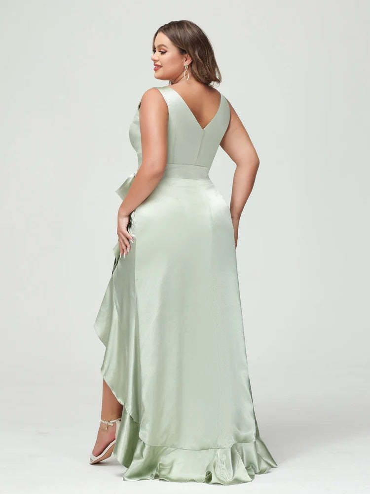 Sheath/Column V-Neck Sleeveless Ruffles High Low Plus Size Dresses with Pockets & Sash BabaMila
