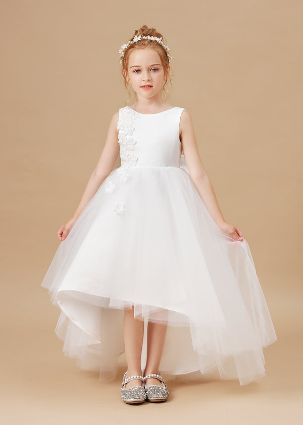 Ball Gown/Princess Boat Neck Sleeveless Satin/Tulle Ivory Asymmetrical Flower Girl Dresses/First Communion Dress With Appliques/Bow Girls Gidiondress