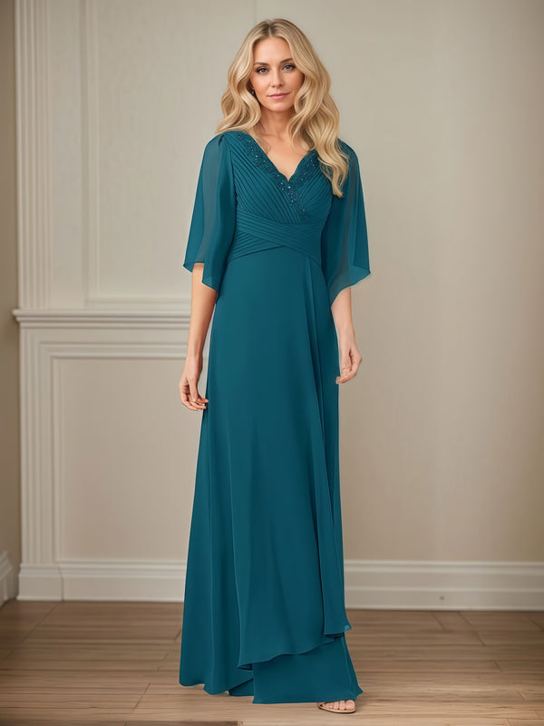 A-Line V-Neck Flutter Straps Floor-Length Chiffon Mother of the Bride Dress With Pleated/Appliques/Sequins BabaMila