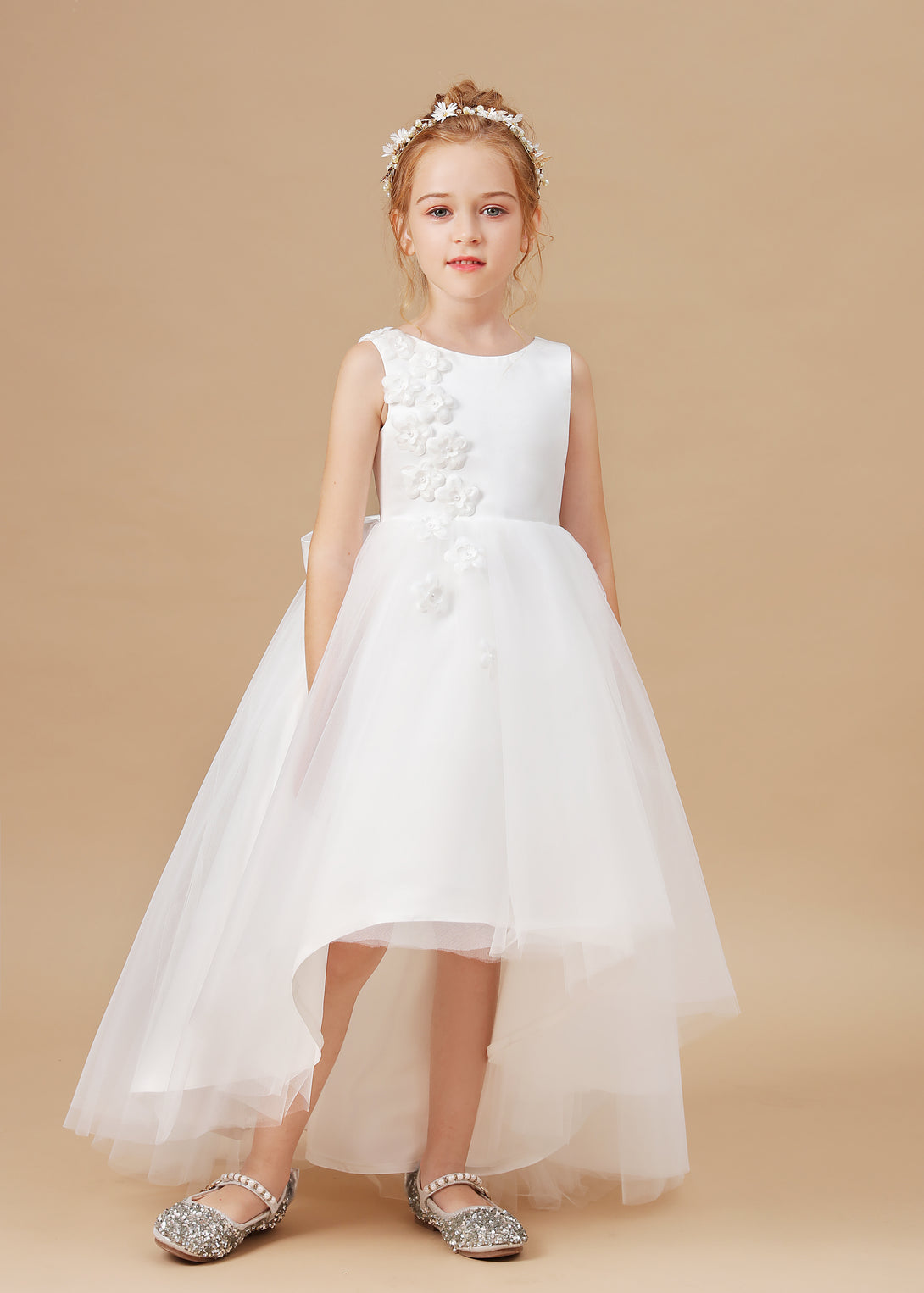 Ball Gown/Princess Boat Neck Sleeveless Satin/Tulle Ivory Asymmetrical Flower Girl Dresses/First Communion Dress With Appliques/Bow Girls Gidiondress