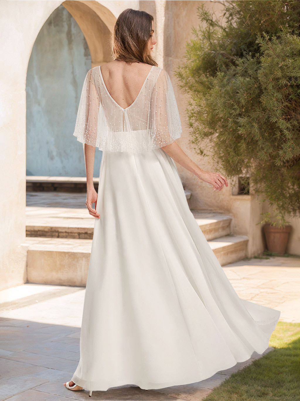 A-Line/Princess V-Neck Short Sleeves Floor-length Lace Wedding Dress with Wrap BabaMila