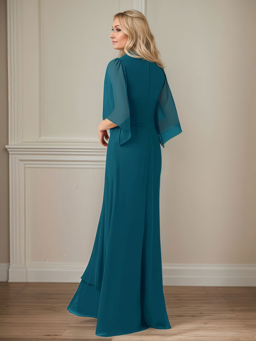A-Line V-Neck Flutter Straps Floor-Length Chiffon Mother of the Bride Dress With Pleated/Appliques/Sequins BabaMila