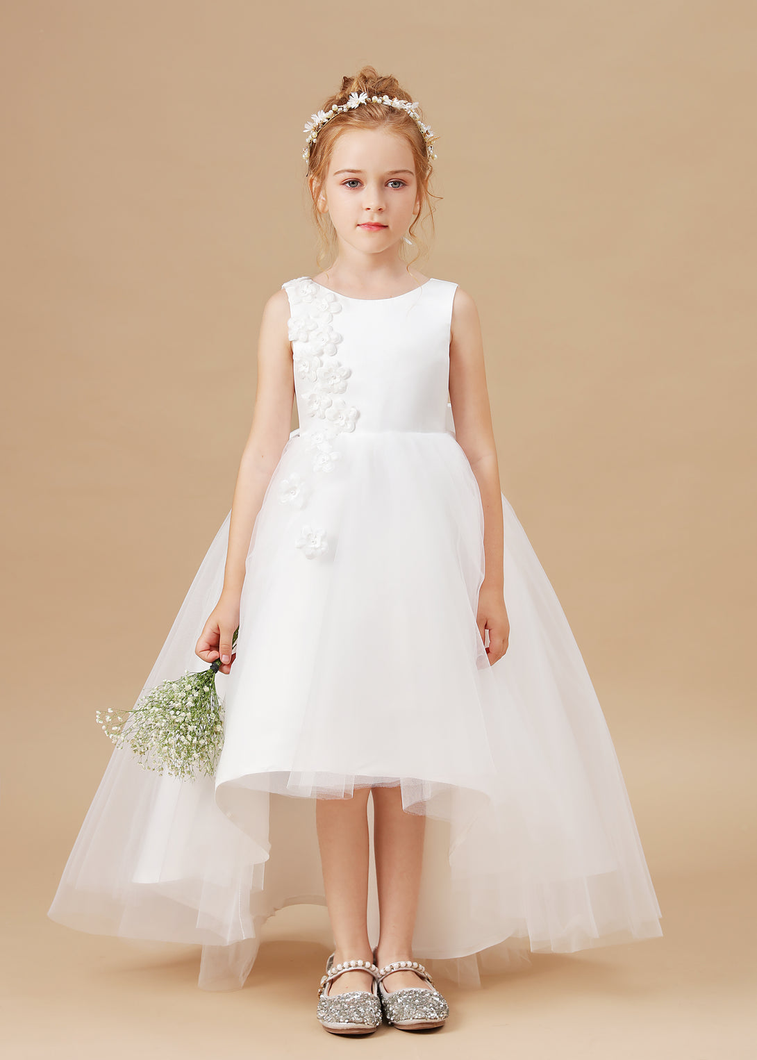 Ball Gown/Princess Boat Neck Sleeveless Satin/Tulle Ivory Asymmetrical Flower Girl Dresses/First Communion Dress With Appliques/Bow Girls Gidiondress
