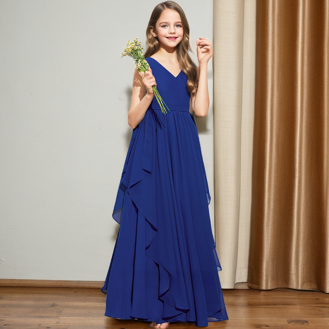 A-line V-Neck Floor-Length Royal Blue Chiffon Junior Bridesmaid Dress With Cascading Ruffles Girls Gidiondress