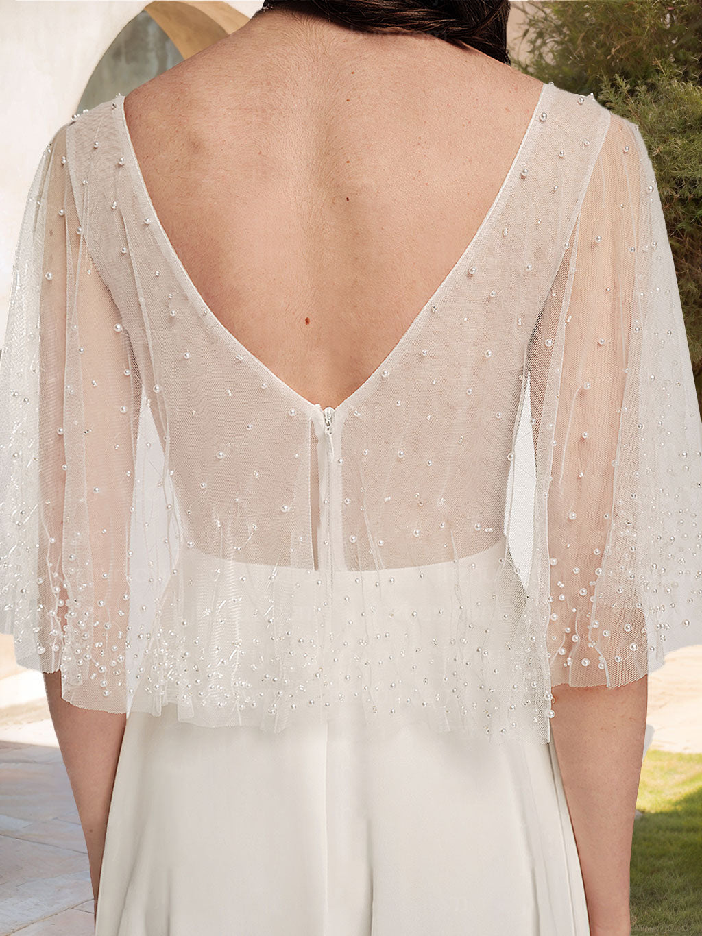 A-Line/Princess V-Neck Short Sleeves Floor-length Lace Wedding Dress with Wrap BabaMila