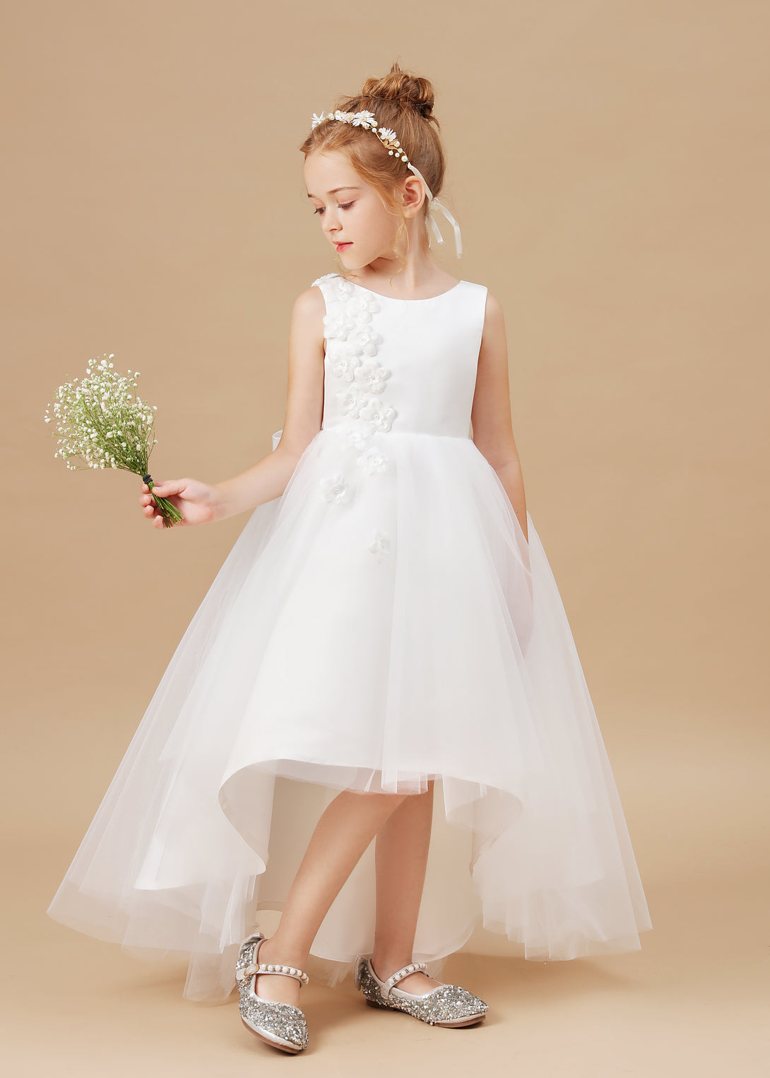 Ball Gown/Princess Boat Neck Sleeveless Satin/Tulle Ivory Asymmetrical Flower Girl Dresses/First Communion Dress With Appliques/Bow Girls Gidiondress