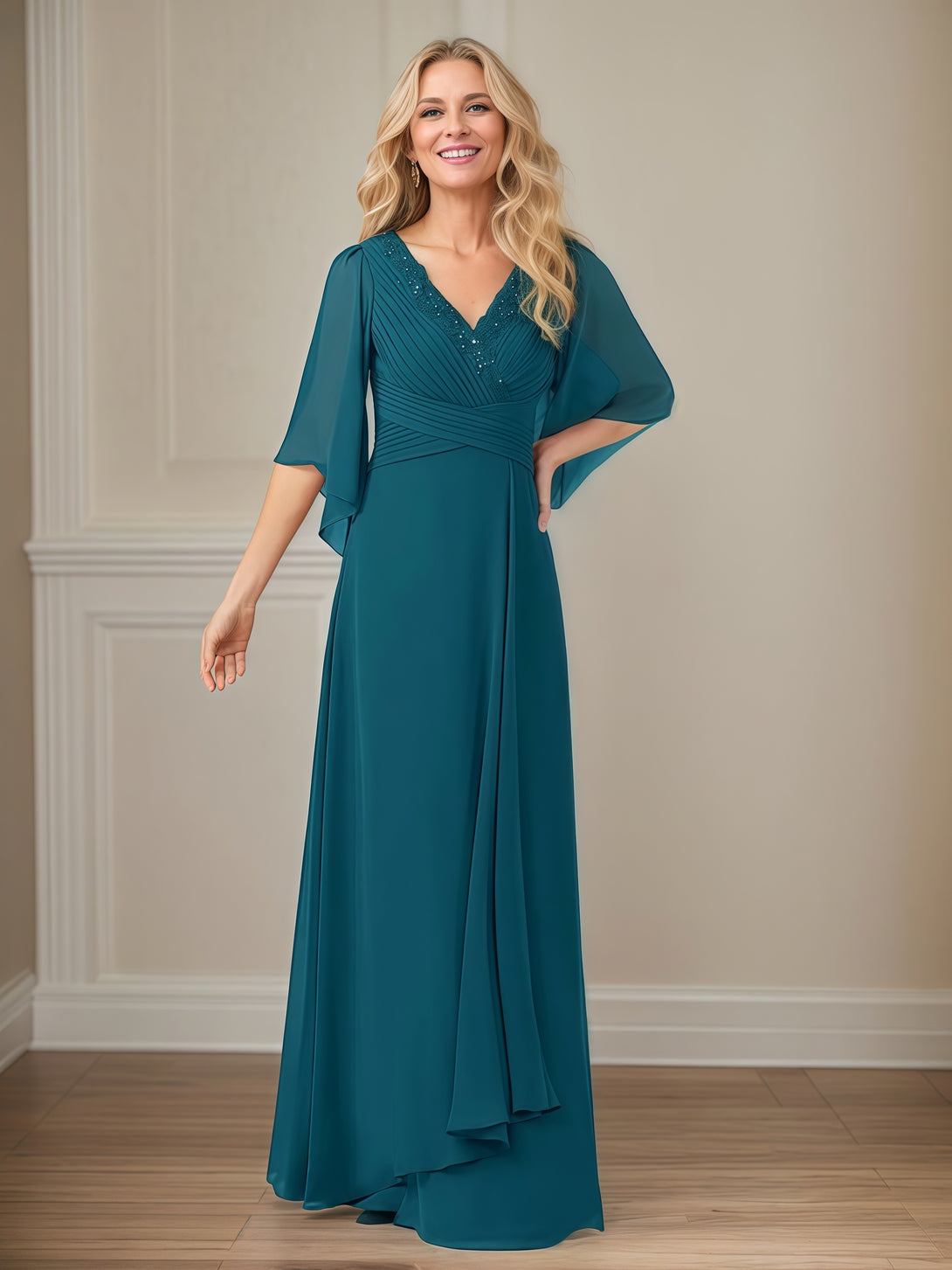 A-Line V-Neck Flutter Straps Floor-Length Chiffon Mother of the Bride Dress With Pleated/Appliques/Sequins BabaMila