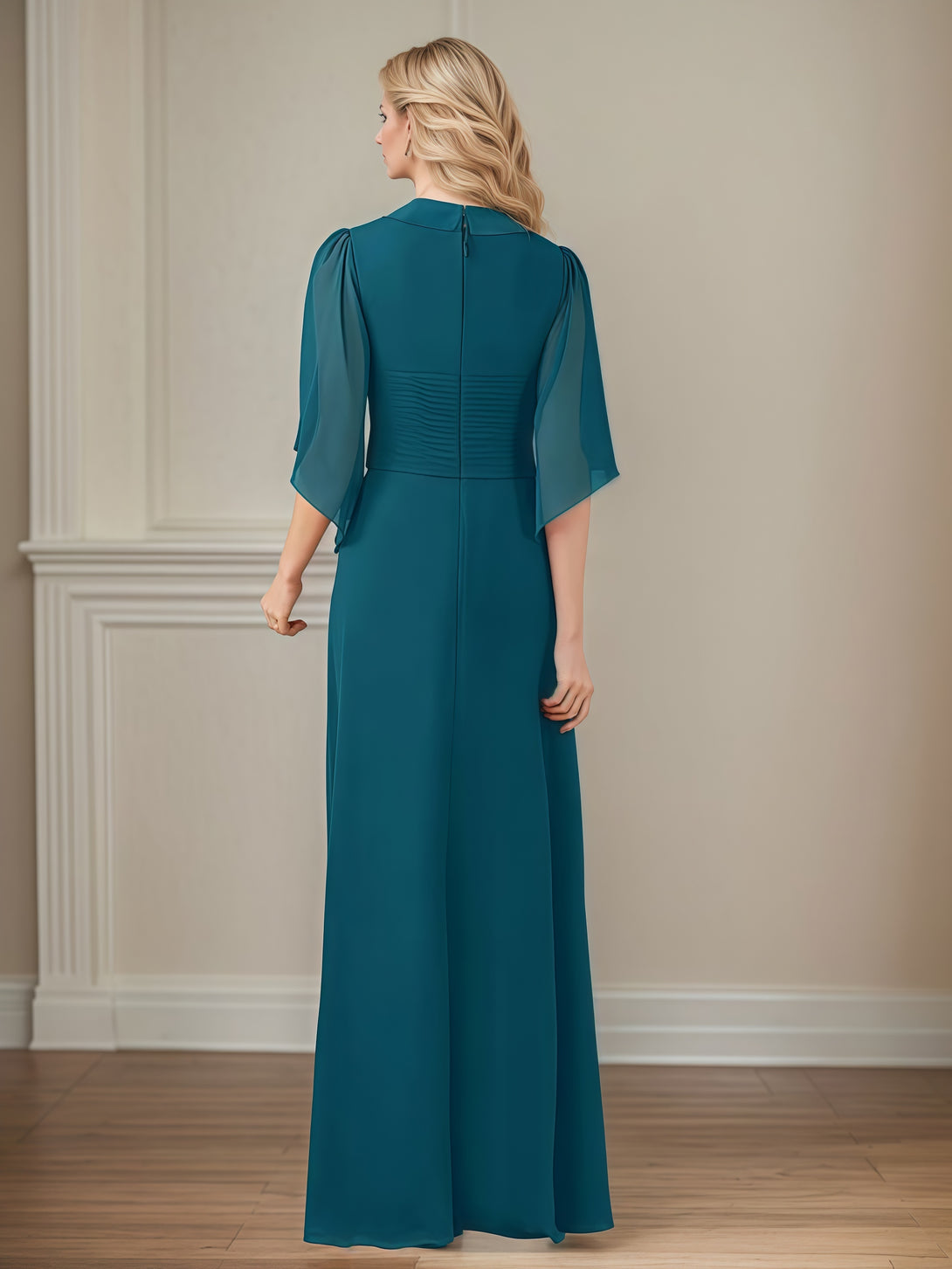 A-Line V-Neck Flutter Straps Floor-Length Chiffon Mother of the Bride Dress With Pleated/Appliques/Sequins BabaMila