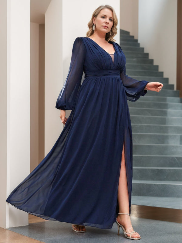 A-Line/Princess V-Neck Long Sleeves Floor-Length Plus Size Mother Of The Bride Dresses With Ruffles BabaMila