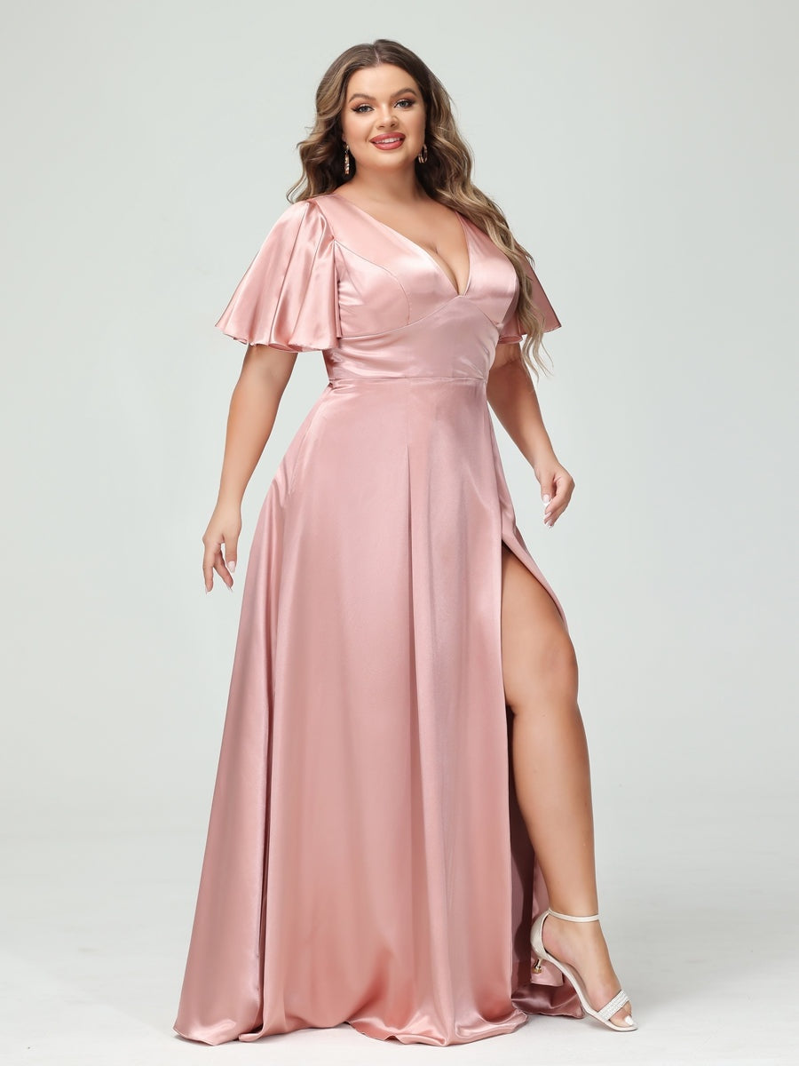 A-Line V-Neck Half Sleeves Silk Satin Plus Size Bridesmaid Dresses with Pockets BabaMila
