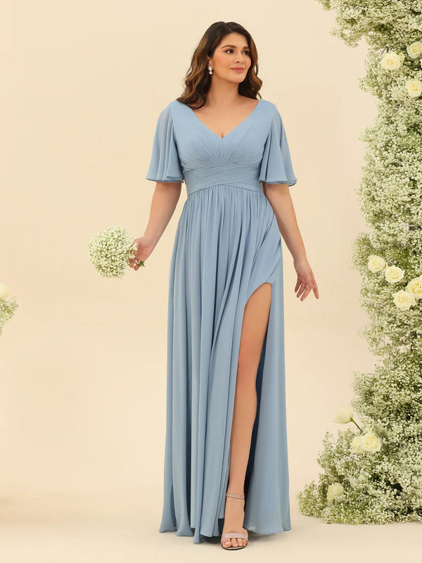 A-Line V-Neck Half Sleeves Plus Size Chiffon Bridesmaid Dresses With Split Side BabaMila