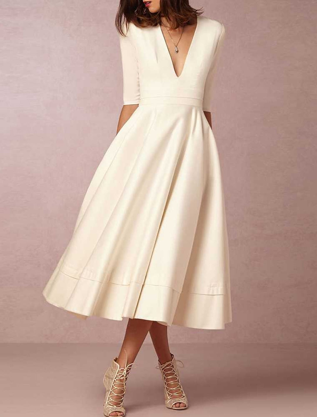 A-Line/Princess Satin V-Neck Half Sleeves Tea-length Wedding Dress BabaMila