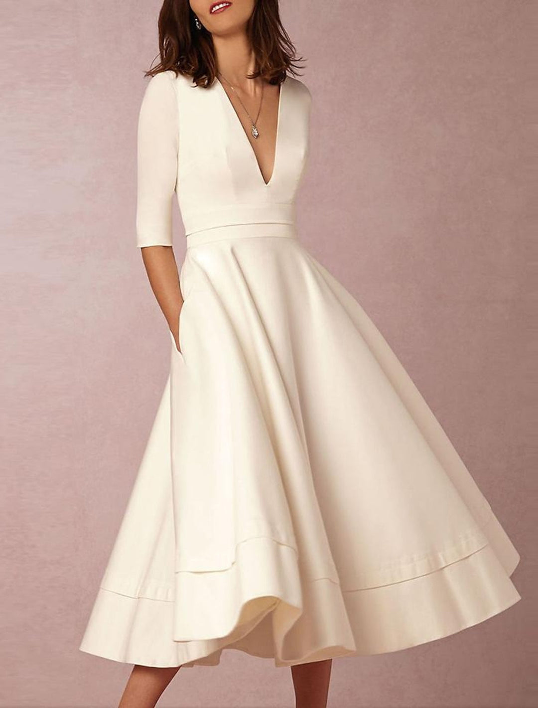 A-Line/Princess Satin V-Neck Half Sleeves Tea-length Wedding Dress BabaMila