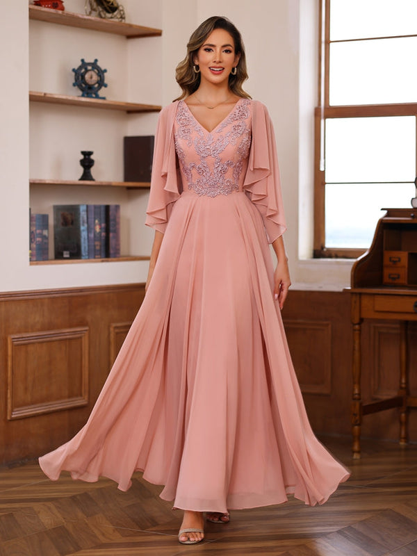 A-Line/Princess V-Neck 2 Pics Floor-Length Mother Of The Bride Dresses With Appliques & Wrap BabaMila