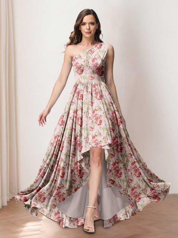 A-Line/Princess One-Shoulder Asymmetrical Printed Floral Bridesmaid Dresses with Ruffles BabaMila