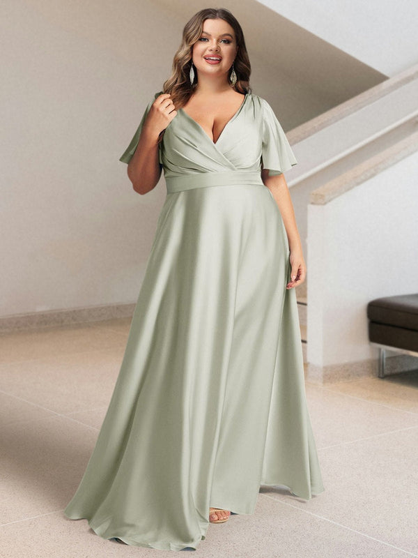 A-Line/Princess V-Neck Short Sleeves Silk Satin Plus Size Bridesmaid Dresses with Pockets BabaMila