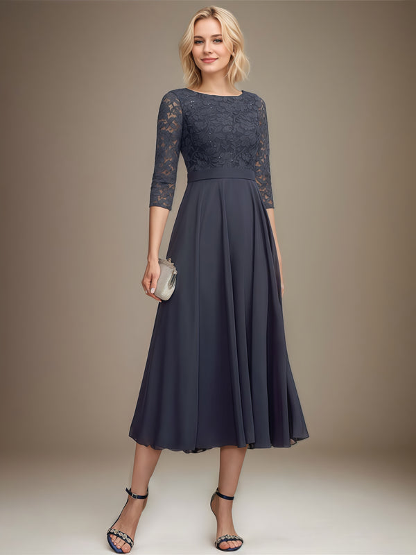 A-Line Boat Neck 3/4 Sleeve Tea-Length Chiffon/Lace Mother of the Bride Dress With Appliques/Sequins/Belt BabaMila