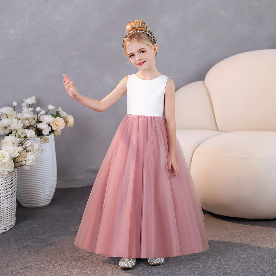 Girls Birthday Dresses Scoop Neck Sleeveless Satin/Tulle Floor-Length Flower Girl Dresses/Party Dresses Girls Gidiondress