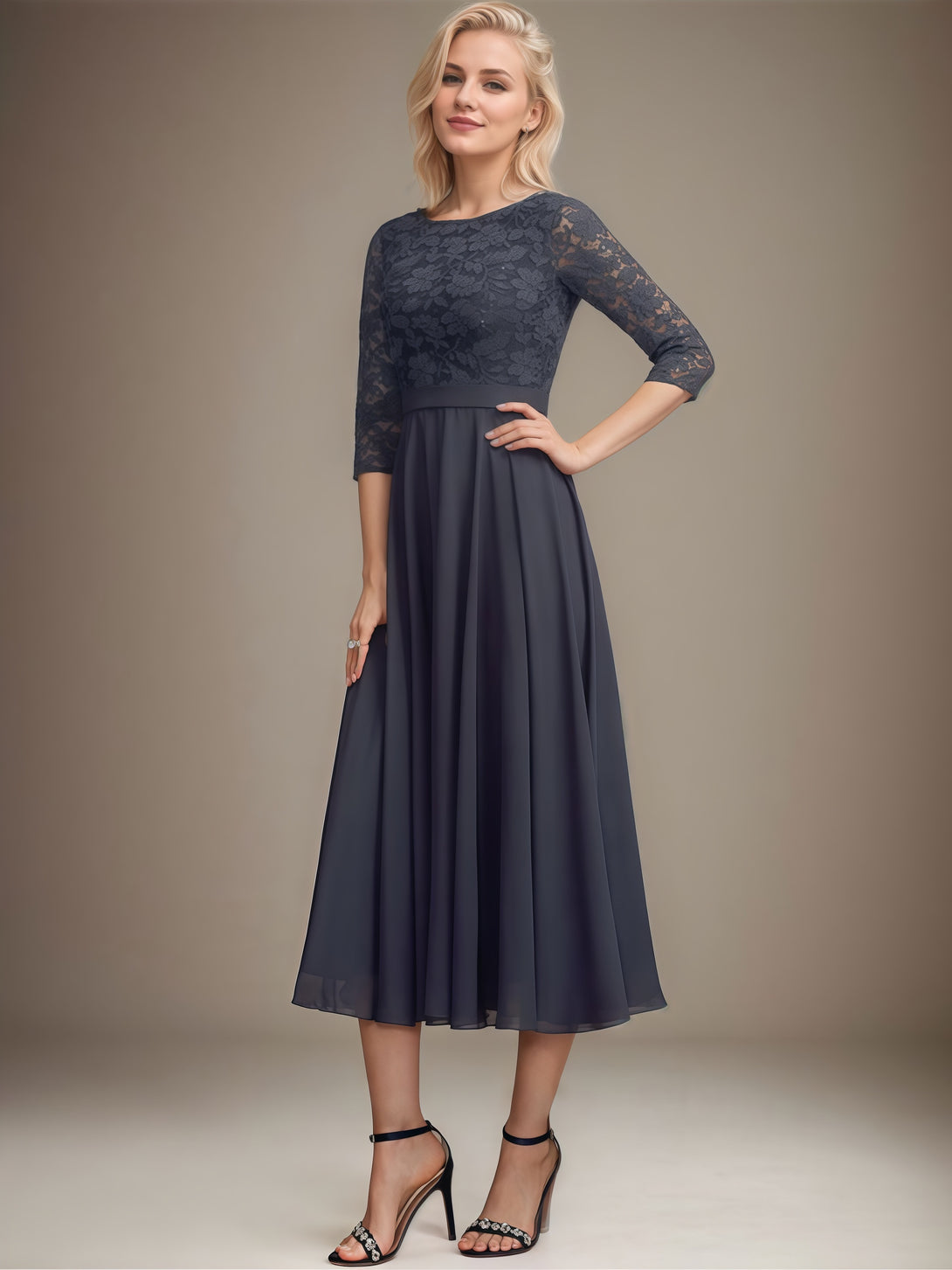 A-Line Boat Neck 3/4 Sleeve Tea-Length Chiffon/Lace Mother of the Bride Dress With Appliques/Sequins/Belt BabaMila