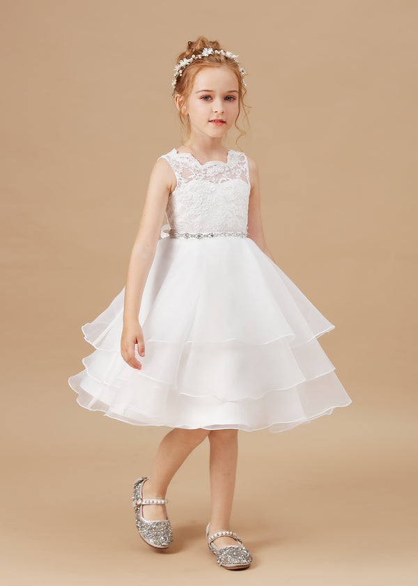 Ball Gown/Princess Scoop Neck Sleeveless Satin/Lace/Tulle Ivory Knee-Length Flower Girl Dresses/Girl's Cake Dresses With Appliques/Beads Ribbon Girls Gidiondress