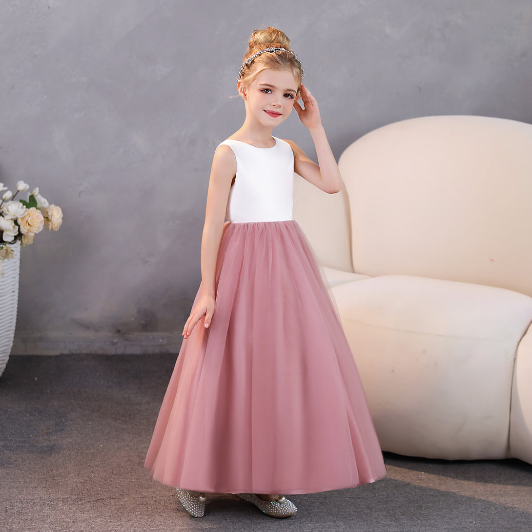 Girls Birthday Dresses Scoop Neck Sleeveless Satin/Tulle Floor-Length Flower Girl Dresses/Party Dresses Girls Gidiondress