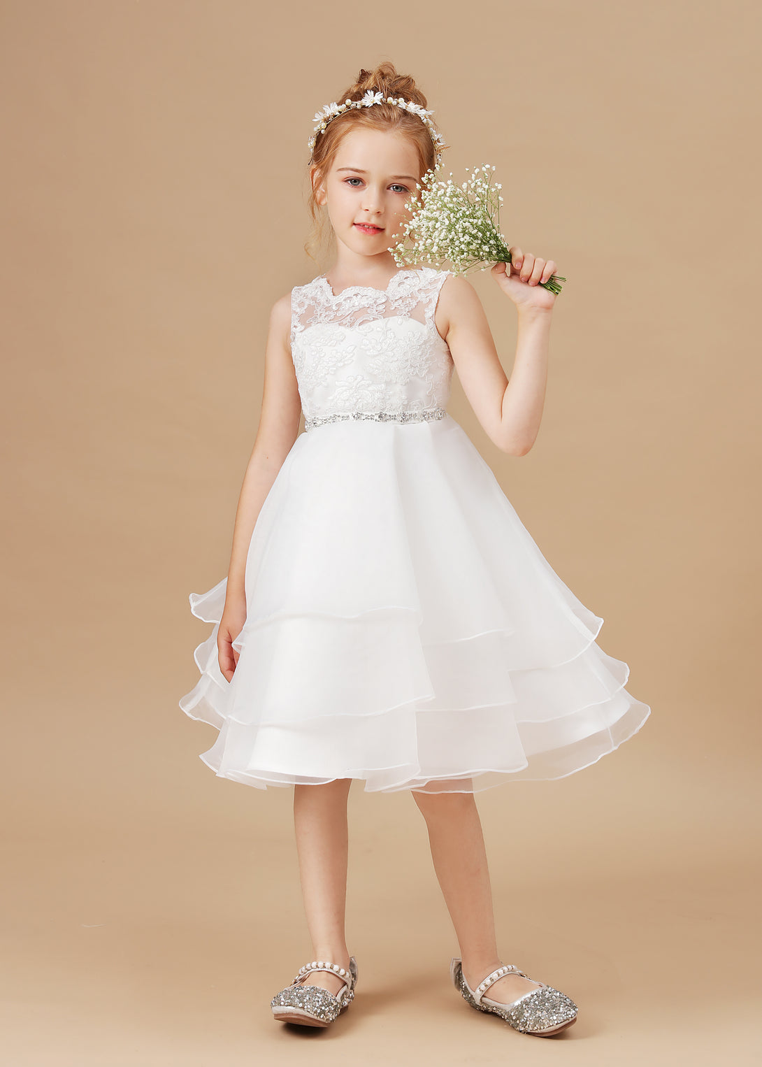 Ball Gown/Princess Scoop Neck Sleeveless Satin/Lace/Tulle Ivory Knee-Length Flower Girl Dresses/Girl's Cake Dresses With Appliques/Beads Ribbon Girls Gidiondress