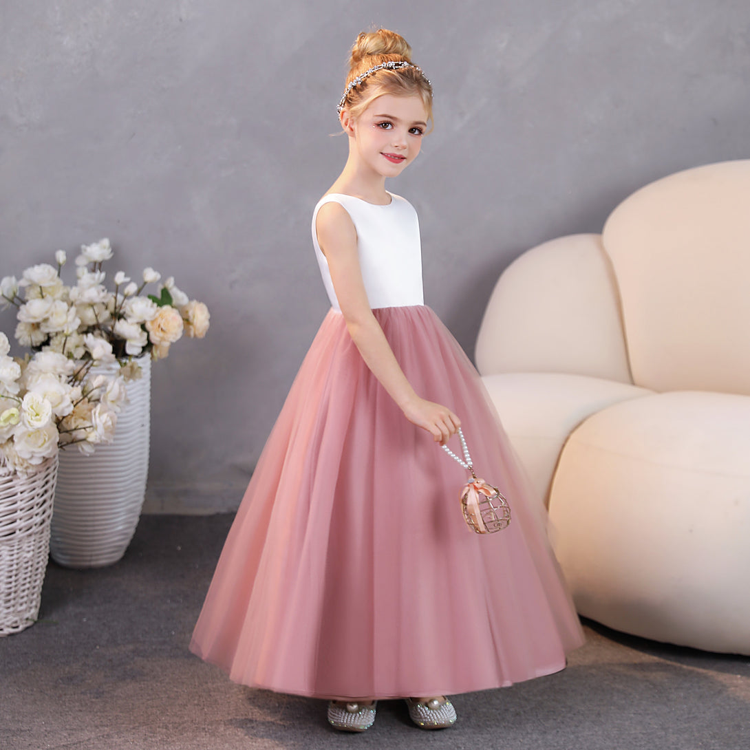 Girls Birthday Dresses Scoop Neck Sleeveless Satin/Tulle Floor-Length Flower Girl Dresses/Party Dresses Girls Gidiondress