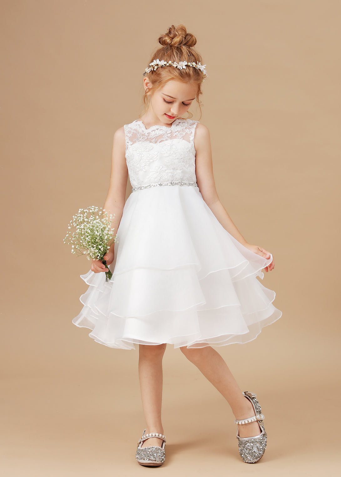 Ball Gown/Princess Scoop Neck Sleeveless Satin/Lace/Tulle Ivory Knee-Length Flower Girl Dresses/Girl's Cake Dresses With Appliques/Beads Ribbon Girls Gidiondress