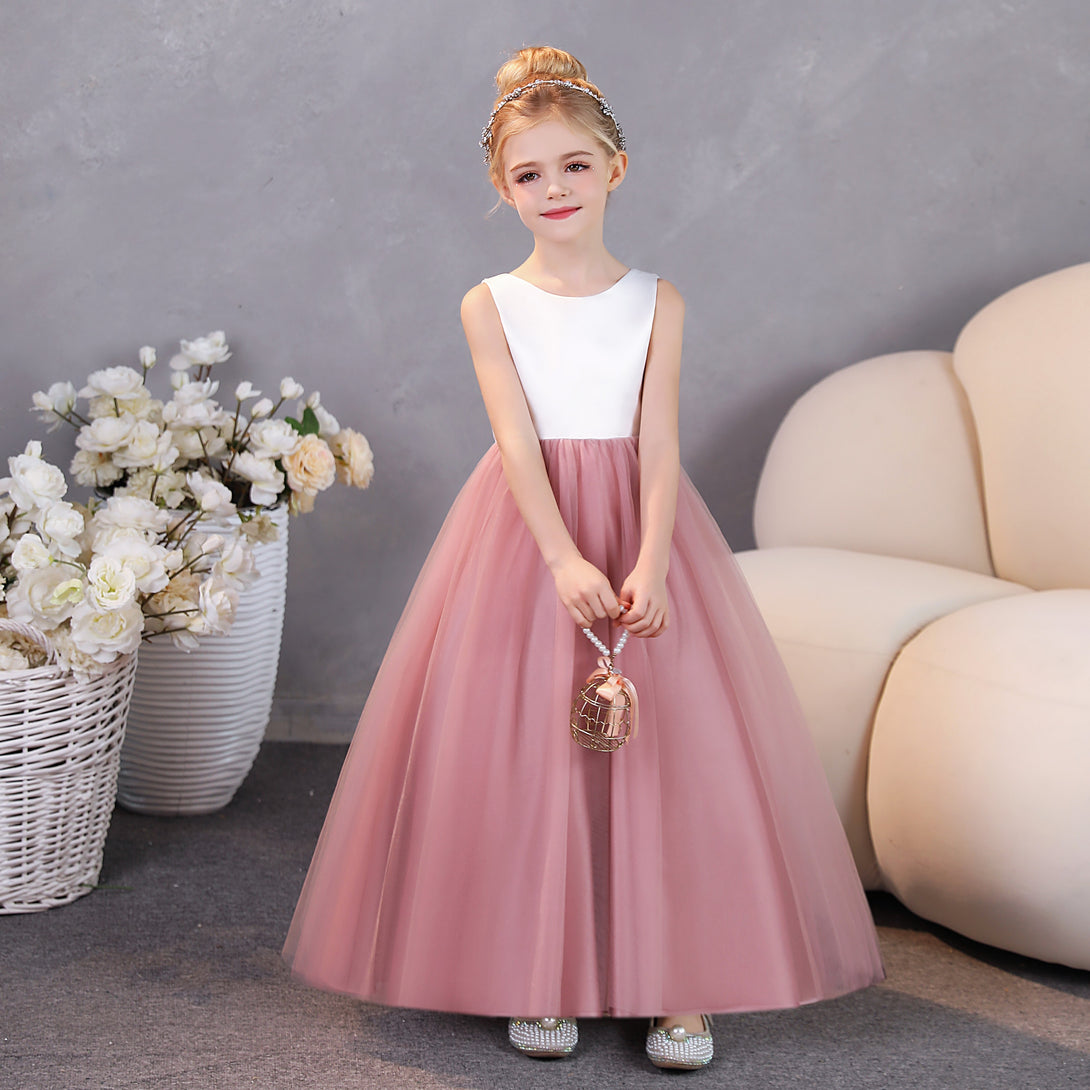 Girls Birthday Dresses Scoop Neck Sleeveless Satin/Tulle Floor-Length Flower Girl Dresses/Party Dresses Girls Gidiondress