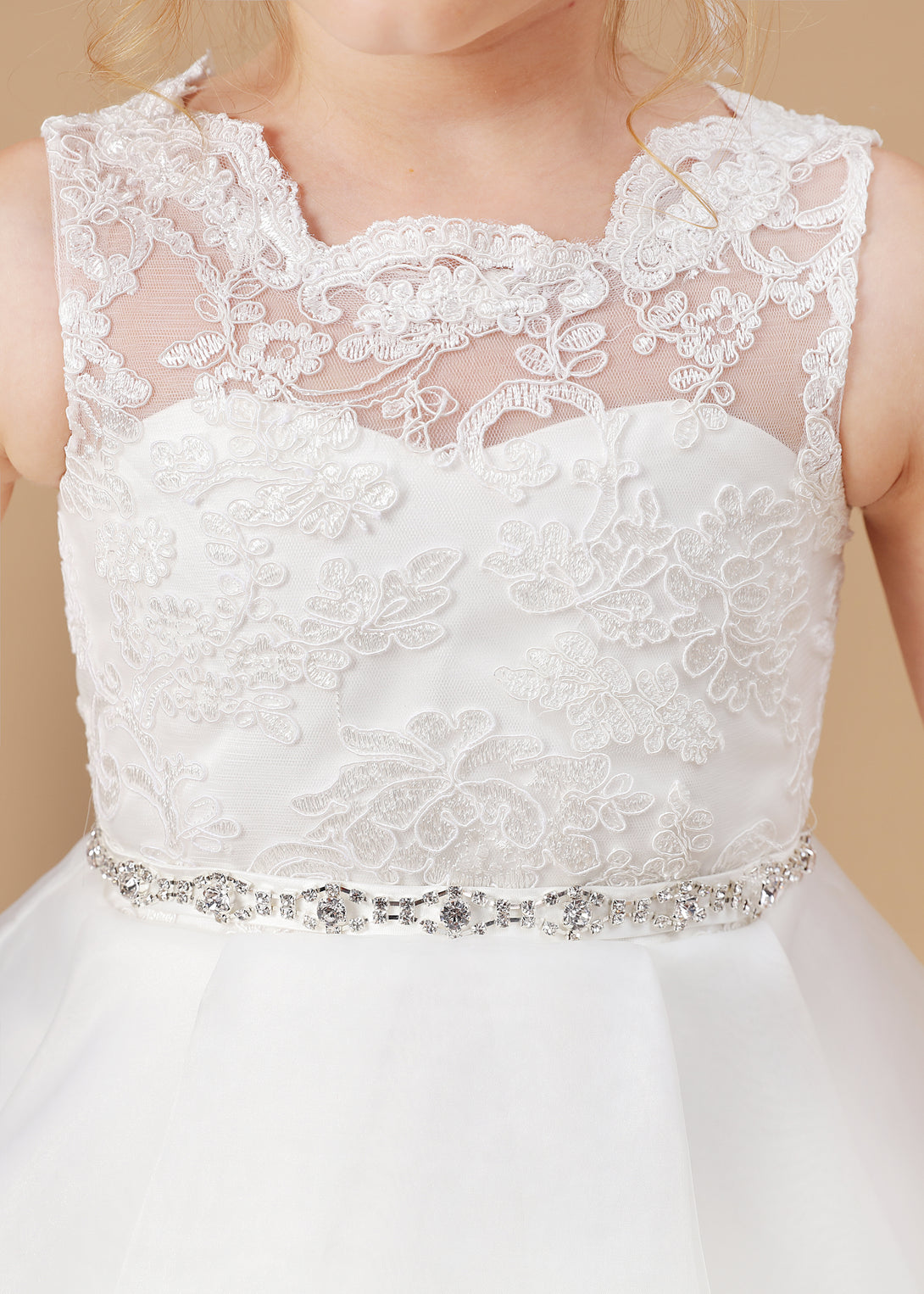 Ball Gown/Princess Scoop Neck Sleeveless Satin/Lace/Tulle Ivory Knee-Length Flower Girl Dresses/Girl's Cake Dresses With Appliques/Beads Ribbon Girls Gidiondress
