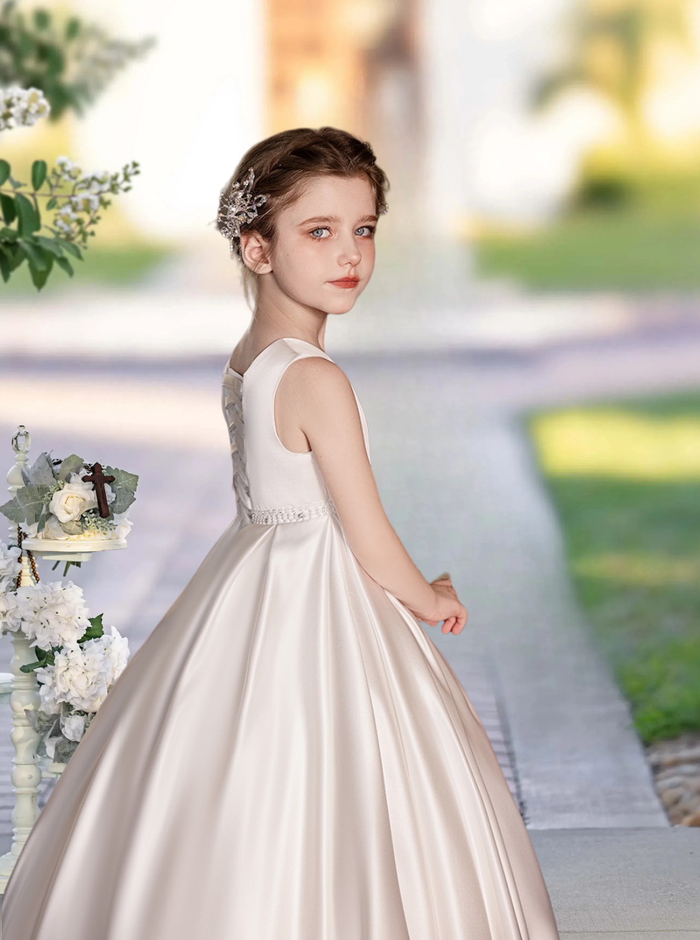 First Communion Dresses Ball Gown V-Neck Sleeveless Floor-Length Satin Girls Birthday Dresses With Beads/Pleated Girls Gidiondress