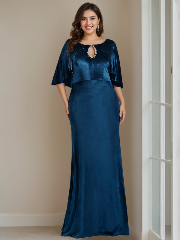 Sheath/Column Scoop Neck Half Sleeves Floor-Length Plus Size Velvet Mother Of The Bride Dresses With Beading, Appliques & Sequins BabaMila