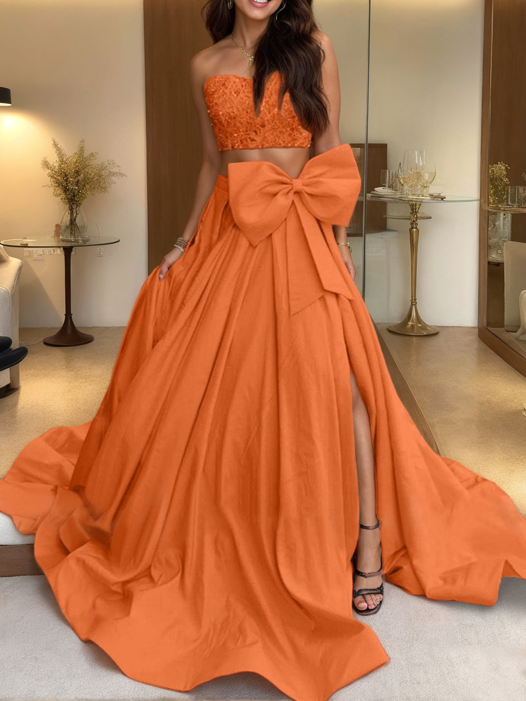 A-Line/Princess Strapless Sleeveless Sweep Train Two-Piece Evening Dress with Bow BabaMila