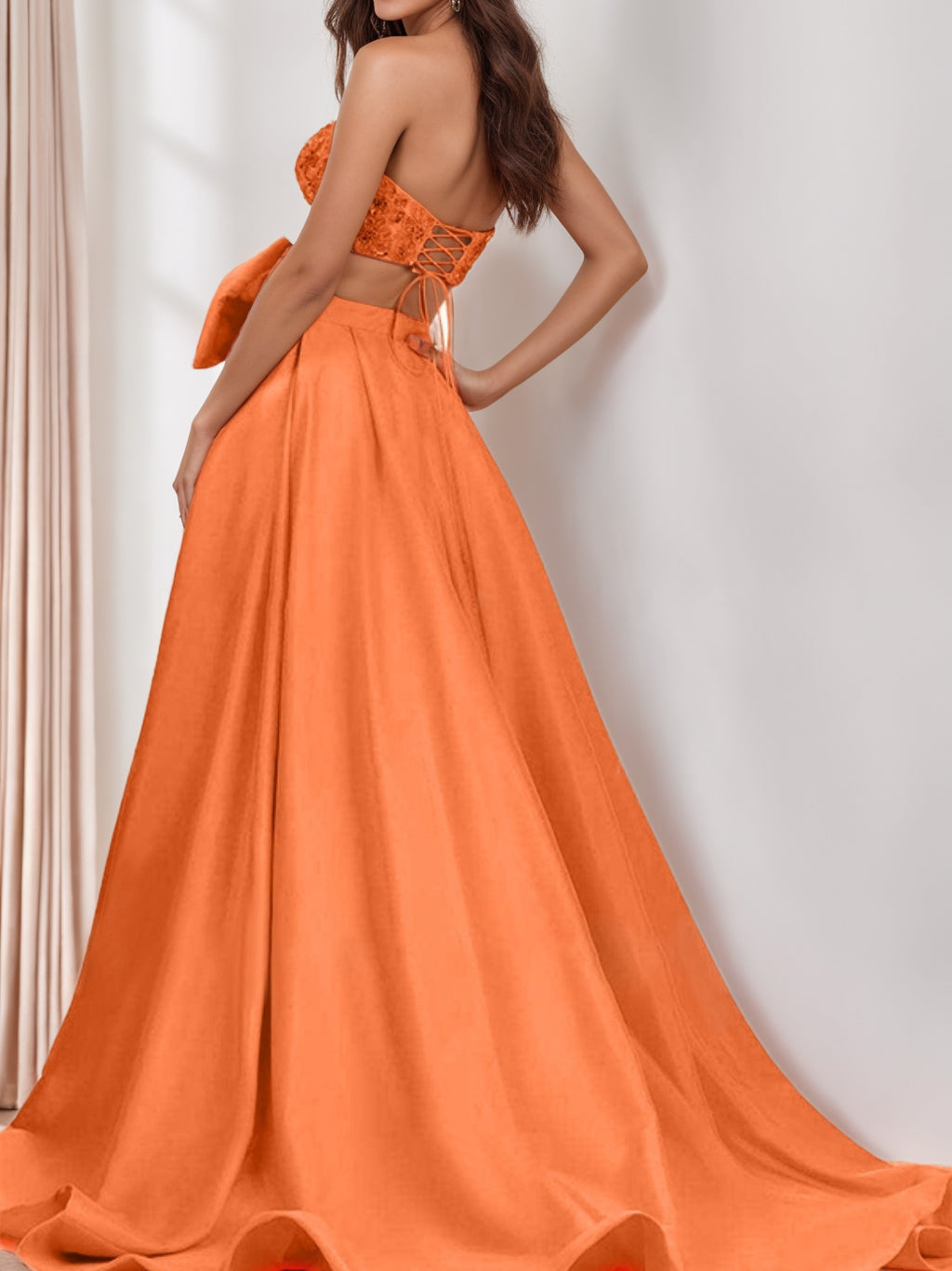 A-Line/Princess Strapless Sleeveless Sweep Train Two-Piece Evening Dress with Bow BabaMila