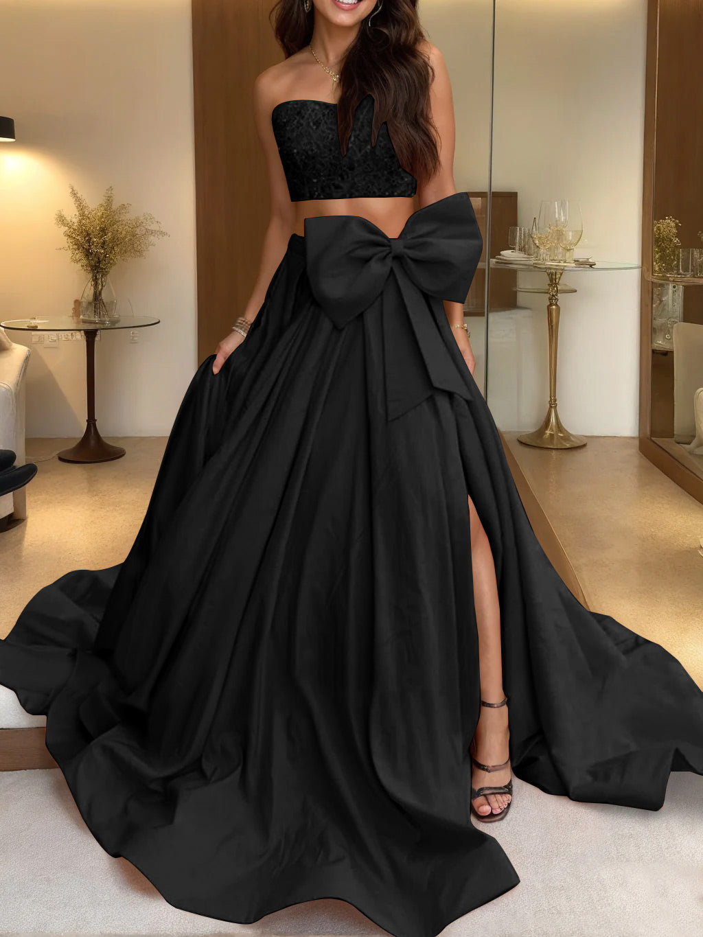 A-Line/Princess Strapless Sleeveless Sweep Train Two-Piece Evening Dress with Bow BabaMila