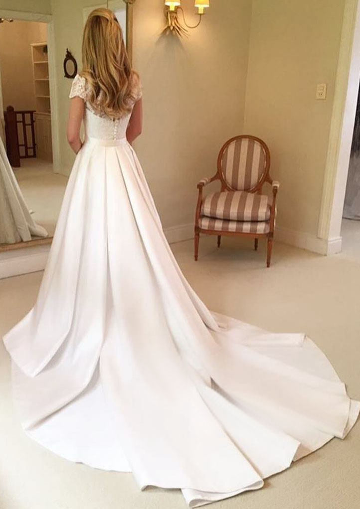A-Line/Princess Short Sleeves V-Neck Floor-length Satin/Lace Wedding Dress BabaMila